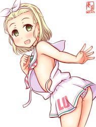 Rule 34 | 1girl, artist logo, blonde hair, clothes writing, commentary request, cosplay, cowboy shot, dated, diagonal-striped neckwear, dress, flat chest, green eyes, hairband, kanon (kurogane knights), kantai collection, leaning forward, libeccio (kancolle), libeccio (kancolle) (cosplay), looking at viewer, low-cut armhole, luigi torelli (kancolle), medium hair, neckerchief, one-hour drawing challenge, panties, sailor collar, sailor dress, side-tie dress, simple background, sleeveless, sleeveless dress, solo, striped clothes, striped neckerchief, striped neckwear, striped panties, underwear, untied, white background, white sailor collar