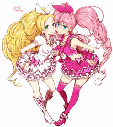 Rule 34 | 10s, 2girls, blonde hair, blue eyes, blush, boots, bow, brooch, choker, cure melody, cure rhythm, dress, frills, green eyes, hands on own hips, heart, houjou hibiki, jewelry, locked arms, long hair, magical girl, minamino kanade, minatsuki randoseru, multiple girls, pink bow, pink hair, ponytail, precure, simple background, smile, standing, suite precure, thighhighs, twintails, white background, white choker
