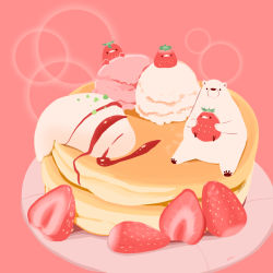 Rule 34 | bear, bird, chai (drawingchisanne), commentary request, dessert, food, food focus, fruit, ice cream, looking at viewer, no humans, on food, original, pancake, pancake stack, plate, polar bear, signature, simple background, sitting, sitting on food, strawberry, syrup, whipped cream