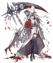 Rule 34 | 1girl, blood, blood on clothes, blue eyes, boots, breasts, covered navel, flower, full body, garter straps, gloves, hair flower, hair ornament, high collar, holding, holding weapon, jino, knee boots, crossed legs, official art, rose, scythe, sinoalice, small breasts, snow white (sinoalice), solo, transparent background, veil, watson cross, weapon, white hair