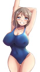 Rule 34 | 10s, 1girl, arm up, armpits, blue eyes, blue one-piece swimsuit, blush, breasts, cleavage, covered erect nipples, covered navel, cowboy shot, grey hair, grin, highres, holding own arm, huge breasts, long hair, looking at viewer, love live!, love live! sunshine!!, mistynight, one-piece swimsuit, parted lips, simple background, smile, solo, standing, swimsuit, teeth, thighs, watanabe you, white background