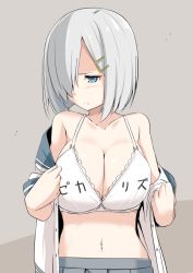 Rule 34 | 10s, 1girl, bad id, bad twitter id, bare shoulders, blue eyes, blush, bob cut, bra, breasts, cleavage, clothes writing, collarbone, commentary request, female focus, hair ornament, hair over one eye, hamakaze (kancolle), kantai collection, kichihachi, large breasts, navel, one eye covered, pout, silver hair, simple background, skirt, solo, translation request, underwear, undressing, white bra