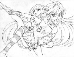 Rule 34 | 10s, 2girls, graphite (medium), greyscale, jewelry, long hair, lots of jewelry, midriff, monochrome, multiple girls, navel, panty &amp; stocking with garterbelt, panty (psg), shoka, siblings, sisters, sketch, smile, stocking (psg), striped clothes, striped legwear, striped thighhighs, thighhighs, traditional media, wings