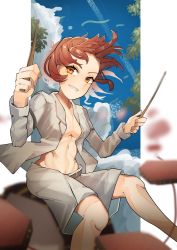 Rule 34 | 1girl, bad id, bad twitter id, belt, breasts, cleavage, cloud, drum, drum set, drumsticks, grin, highres, holding, holding drumsticks, horikawa raiko, instrument, jacket, long sleeves, looking at viewer, medium breasts, midriff, open clothes, open jacket, outdoors, outside border, red eyes, red hair, short hair, sitting on drum, skirt, smile, solo, suarokin, taiko drum, touhou, white jacket, white skirt