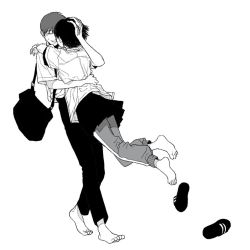 Rule 34 | 1girl, arm around waist, arms around neck, bag, barefoot, collared shirt, couple, facing away, full body, greyscale, hand on another&#039;s head, hand up, happy, hetero, hug, miniskirt, monochrome, muryo, one eye covered, original, pants, pants under skirt, pleated skirt, pouncing, shirt, shoe soles, short hair, short sleeves, shoulder bag, simple background, skirt, slippers, unworn slippers, smile, soles, standing, tears, track pants