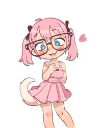 Rule 34 | 1girl, black-framed eyewear, black bow, blue eyes, borrowed character, bow, dog tail, dress, feet out of frame, female focus, glasses, hair bow, heart, heart-shaped pupils, looking at viewer, original, parted lips, pink dress, pink hair, pleated dress, qtkat, red bow, short hair, sidelocks, simple background, smile, solo, standing, symbol-shaped pupils, tail, twintails, white background