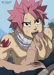 Rule 34 | 2boys, abs, bara, belt, black eyes, buranko!, character name, erection, fairy tail, fangs, fellatio, functionally nude, gajeel redfox, glans, licking, looking at another, looking up, male focus, multiple boys, muscular, natsu dragneel, open mouth, oral, partially undressed, pectorals, penis, pink hair, pubic hair, scarf, short hair, sitting, spiked hair, tattoo, testicles, tongue, tongue out, topless male, yaoi