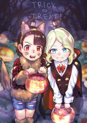 Rule 34 | 2girls, animal costume, animal ears, bad id, bad pixiv id, blonde hair, blue eyes, blush, brown hair, candy, cape, diana cavendish, english text, fake animal ears, fake tail, fang, food, grin, halloween, halloween costume, ice keki, jack-o&#039;-lantern, kagari atsuko, little witch academia, long hair, looking at viewer, multiple girls, night, open mouth, outdoors, shiny skin, short hair, shorts, smile, tail, teeth, torn clothes, vampire costume, wolf costume, wolf ears
