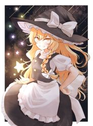 Rule 34 | 1girl, apron, black hat, blonde hair, bow, braid, commentary, cowboy shot, hair bow, hand on own hip, hat, hat bow, highres, kirisame marisa, long hair, looking at viewer, puffy short sleeves, puffy sleeves, shooting star, short sleeves, single braid, smile, solo, star (symbol), touhou, waist apron, white bow, witch hat, yellow eyes, yosshii (ne ko matter)