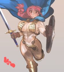 Rule 34 | 1girl, abs, absurdres, armor, armored boots, bikini armor, blue cape, blush, boots, braid, breasts, brown gloves, cape, chainmail, gloves, gold armor, highres, holding, holding shield, holding sword, holding weapon, keziedra, large breasts, loincloth, muscular, muscular female, one piece, open mouth, parted lips, pelvic curtain, pink hair, rebecca (one piece), shield, single braid, sweat, sweatdrop, sword, weapon