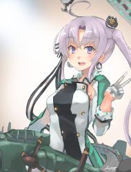 Rule 34 | 1girl, ahoge, aircraft, airplane, akitsushima (kancolle), armpit cutout, bad id, bad twitter id, clothing cutout, commentary request, flying boat, gloves, gradient background, h8k, hair ornament, hair ribbon, hat, highres, jacket, kantai collection, long hair, looking at viewer, military, military uniform, mini hat, purple eyes, purple hair, ribbon, side ponytail, sidelocks, solo, sunday aki, uniform, v, white background, white gloves