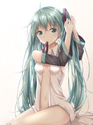 Rule 34 | 1girl, adjusting hair, ahoge, akira (been0328), aqua eyes, aqua hair, bad id, bad pixiv id, detached sleeves, hatsune miku, long hair, mouth hold, navel, open clothes, open shirt, shirt, sitting, solo, twintails, very long hair, vocaloid