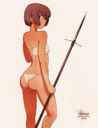 Rule 34 | 1girl, artist name, ass, back, bandeau, bare arms, beige background, brown hair, closed mouth, commentary, dark-skinned female, dark skin, english commentary, feet out of frame, from behind, green eyes, holding, holding polearm, holding weapon, little viktoria, looking at viewer, looking back, original, panties, partisan (weapon), polearm, short hair, simple background, solo, strapless, tube top, underwear, underwear only, watermark, weapon, web address, white bandeau, white panties, white tube top