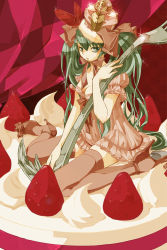 Rule 34 | 1girl, breasts, cleavage, cream, female focus, food, fork, fruit, green eyes, green hair, hatsune miku, high heels, highres, long hair, matching hair/eyes, mini person, minigirl, oversized object, sakura (superbunnys), shoes, sitting, solo, strawberry, thighhighs, twintails, very long hair, vocaloid, zettai ryouiki