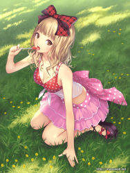 Rule 34 | 1girl, arm support, blonde hair, bow, breasts, candy, cleavage, front-tie top, grass, hair bow, holding, ichinomiya ichigo, ilog, lollipop, looking at viewer, mana kakkowarai, midriff, official art, polka dot, sitting, skirt, small breasts, solo, tongue, tongue out, wariza, watermark, web address, yellow eyes