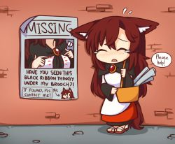 Rule 34 | 1girl, :d, ^ ^, animal ear fluff, animal ears, bag, blush, brick wall, brooch, brown footwear, brown hair, chibi, closed eyes, commentary, dress, eighth note, english commentary, english text, flying sweatdrops, full body, hair between eyes, imaizumi kagerou, jewelry, long hair, long sleeves, missing poster, musical note, open mouth, sandals, shadow, sidelocks, smile, solo, speech bubble, spoken musical note, standing, tail, tears, touhou, very long hair, white dress, wide sleeves, wolf ears, wolf tail, wool (miwol)