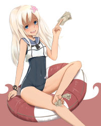 Rule 34 | 10s, 1girl, arm at side, arm support, arm up, bad id, bad pixiv id, barefoot, between toes, blonde hair, blue eyes, blush, covered navel, crop top, feet, flower, hair flower, hair ornament, holding with feet, kantai collection, kurotora, lifebuoy, long hair, looking at viewer, money, nail polish, one-piece swimsuit, open mouth, pink flower, pink nails, ro-500 (kancolle), sailor collar, school swimsuit, sitting, solo, swim ring, swimsuit, swimsuit under clothes, tan, tanline, toenail polish, toenails, toes, yen