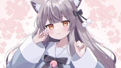 1girl :3 animal_ear_fluff animal_ears bell black_bow black_bowtie black_ribbon blunt_bangs blush bow bowtie brown_hair cat_ears cat_girl cherry_blossoms closed_mouth dot_nose falling_petals flower grey_hair grey_shirt hair_bow hair_ornament hair_ribbon hands_up highres holding holding_flower jingle_bell light_blush light_smile long_hair long_sleeves looking_at_viewer milk_re_(vrchat) momokari neck_bell orange_eyes petals pink_background pink_flower pom_pom_(clothes) pom_pom_hair_ornament portrait ribbon shirt sidelocks simple_background smile solo straight-on upper_body vrchat white_background yellow_eyes