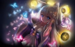 Rule 34 | 1girl, absurdres, aged down, animal, animal ear fluff, animal ears, azur lane, bare shoulders, blue eyes, blue sleeves, breasts, bug, butterfly, cleavage, closed mouth, collarbone, commentary request, flower, fox ears, fox tail, hair flower, hair ornament, hand up, highres, insect, kitsune, long hair, long sleeves, medium breasts, nagato-chan, pleated skirt, shinano (azur lane), silver hair, skirt, smile, solo, tail, very long hair, white flower, white skirt, wide sleeves