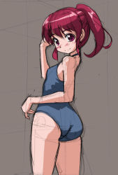 Rule 34 | 10s, 1girl, aino megumi, blush, brown background, happinesscharge precure!, looking at viewer, one-piece swimsuit, ponytail, precure, red eyes, red hair, rohitsuka, short hair, sketch, smile, solo, swimsuit