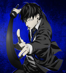 Rule 34 | 1boy, arizuka (catacombe), blue background, blue necktie, crossed bangs, formal, frown, highres, katana, male focus, monochrome, monochrome background, necktie, original, short hair, solo, stance, suit, sword, weapon
