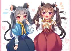 Rule 34 | 2girls, :3, alternate hair length, alternate hairstyle, animal ear fluff, animal ears, black skirt, blue capelet, blush, bow, capelet, cat ears, cat tail, chen, commentary request, covering own mouth, cowboy shot, earrings, fangs, flying sweatdrops, heart, heart background, highres, holding, holding hair, ibaraki natou, jewelry, looking at viewer, mouse ears, mouse tail, multiple girls, multiple tails, nazrin, no headwear, open mouth, pendant, petticoat, pillarboxed, red eyes, red skirt, red vest, silver hair, single earring, skirt, standing, tail, thick eyebrows, touhou, twintails, twintails day, vest, white bow, white neckwear