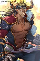 Rule 34 | 1boy, abs, ayukisa, bandages, bara, bare pectorals, black hair, blue pants, bulge, clenched hand, collarbone, cow horns, cowboy shot, dark skin, dark-skinned male, draph, earrings, eyepatch, granblue fantasy, highres, horns, jewelry, large pectorals, long hair, looking at viewer, male focus, muscular, muscular male, navel, nipples, pants, pectorals, pointy ears, reinhardtzar, revealing clothes, smile, solo, stomach, thick thighs, thighs