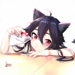 Rule 34 | 1girl, ahoge, animal ears, bare arms, black hair, blush, cocktail glass, commentary request, cup, dated, drinking glass, ejami, ekko (ejami), food, fox ears, fox girl, fruit, hair between eyes, long hair, looking at viewer, original, red eyes, signature, simple background, solo, spoon, strawberry, white background