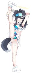 Rule 34 | 1girl, animal ears, armpits, bare arms, bare legs, bare shoulders, berserkert, black hair, blue archive, blush, breasts, cheerleader, crop top, dog ears, dog girl, dog tail, eyewear on head, flying sweatdrops, goggles, goggles on head, halo, hibiki (blue archive), hibiki (cheer squad) (blue archive), highres, leg up, long hair, looking at viewer, medium breasts, midriff, millennium cheerleader outfit (blue archive), navel, pawoo, pleated skirt, shoes, simple background, skirt, small breasts, sneakers, solo, split, standing, standing on one leg, standing split, sticker on face, tail, thighs, white background, white footwear