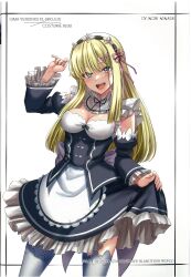 Rule 34 | 1girl, absurdres, blonde hair, blue eyes, blush, bow, bowtie, breasts, character name, cleavage, copyright name, cosplay, detached collar, detached sleeves, dress, fate/grand order, fate (series), fingernails, hair ornament, highres, lips, long hair, looking at viewer, medium breasts, minase inori, open mouth, re:zero kara hajimeru isekai seikatsu, reines el-melloi archisorte, rem (re:zero), rem (re:zero) (cosplay), scan, shiny skin, simple background, skirt, skirt hold, smile, solo, takecha, teeth, thighhighs, upper teeth only, voice actor connection, white background