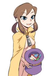 Rule 34 | 1girl, a hat in time, aged up, areola slip, bad id, bad pixiv id, blue eyes, blush stickers, breasts, brown hair, candy, cape, female pubic hair, food, hat, hat kid, naked cape, nipple slip, nipples, open mouth, ponytail, pubic hair, sidelocks, simple background, sketch, small breasts, smile, solo, spicy bardo, teeth, tongue, top hat, unworn hat, unworn headwear, upper teeth only, white background