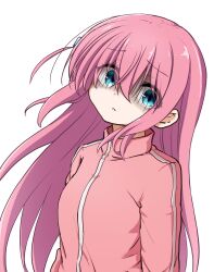 Rule 34 | 1girl, alternate breast size, bocchi the rock!, breasts, chibi, cube hair ornament, gotoh hitori, hair between eyes, hair ornament, highres, jacket, kuena, long hair, one side up, parted lips, pink hair, pink jacket, simple background, small breasts, solo, track jacket, turn pale, very long hair, white background