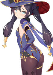 Rule 34 | 1girl, absurdres, adjusting clothes, adjusting leotard, ass, black gloves, black hair, black pantyhose, blue eyes, blush, closed mouth, detached sleeves, genshin impact, gloves, hat, highres, karmq, leotard, long hair, looking at viewer, looking back, mona (genshin impact), pantyhose, purple hat, purple leotard, solo, standing, thighlet, twintails, witch hat