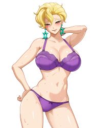 Rule 34 | 1girl, arm behind head, arm up, blonde hair, blush, bra, breasts, briar (pokemon), brown eyes, check commentary, cleavage, collarbone, commentary, commentary request, creatures (company), curvy, earrings, eyelashes, game freak, hair between eyes, hand on own hip, highres, jewelry, kyamuu, large breasts, looking at viewer, mature female, navel, nintendo, panties, pokemon, pokemon sv, purple bra, purple panties, shiny skin, short hair, simple background, smile, stomach, sweat, thighs, underwear, white background