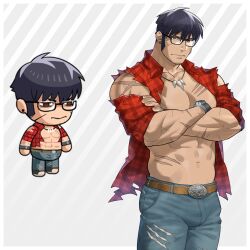 Rule 34 | 1boy, abs, absurdres, bara, bare pectorals, belt, bespectacled, bulge, character request, chibi, cowboy shot, crossed arms, denim, earrings, ero condo, frown, glasses, highres, jeans, jewelry, kienbiu, large pectorals, long sideburns, looking at viewer, male focus, muscular, muscular male, navel, necklace, nipples, official alternate costume, paid reward available, pants, pectorals, short hair, sideburns, simple background, solo, sparse stubble, standing, stomach, thick thighs, thighs, tooth necklace, torn clothes, torn sleeves