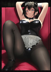 Rule 34 | 1girl, apron, arms up, black footwear, black hair, black leotard, blush, breasts, detached collar, hair ornament, high heels, highres, jonsun, knee up, large breasts, leotard, looking at viewer, maid headdress, mary janes, mole, mole on arm, mole on body, mole under mouth, original, pantyhose, parted lips, playboy bunny, shiny clothes, shoes, short hair, sitting, solo, strapless, strapless leotard, strappy heels, waist apron