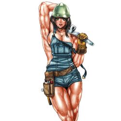 Rule 34 | 1girl, armpits, aya suganami, bare arms, bare shoulders, biceps, brown hair, commentary, eyelashes, gloves, green eyes, helmet, highres, looking at viewer, muscular, muscular female, no bra, original, overalls, plumber, shorts, simple background, solo, sweat, sweatdrop, tabe koji, thick thighs, thighs, tool belt, tool kit, tools, white background