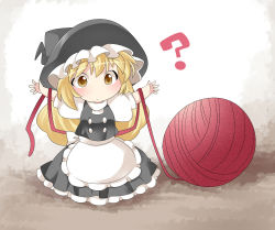 Rule 34 | 1girl, ?, bad id, bad pixiv id, blonde hair, chibi, curious, dress, female focus, hammer (sunset beach), hat, kirisame marisa, long hair, mini person, minigirl, miniskirt, outstretched arms, skirt, solo, string, string of fate, touhou, witch hat, yarn, yarn ball, yellow eyes