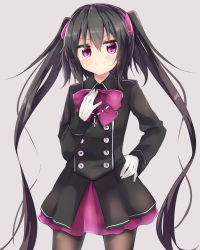 Rule 34 | 1girl, absurdres, amano kouki, black hair, black pantyhose, blush, bow, buttons, collar, cross, gloves, hair ribbon, highres, long hair, long sleeves, looking at viewer, note-chan, original, pantyhose, purple eyes, purple ribbon, ribbon, simple background, smile, solo, twintails, very long hair, white gloves
