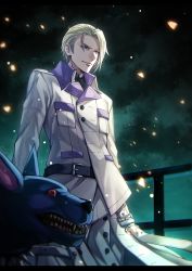 Rule 34 | 1boy, animal, belt, belt buckle, black neckwear, black shirt, blonde hair, blue eyes, buckle, cloud, cloudy sky, collar, darkstar (ff7), fangs, final fantasy, final fantasy vii, final fantasy vii remake, formal, highres, light smile, male focus, monster, necktie, night, night sky, outdoors, pet, pointy ears, red eyes, rufus shinra, shinra hq, shirt, short hair, sky, spiked collar, spikes, square enix, suit, white suit, wing collar