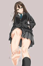 Rule 34 | 10s, 1girl, bad id, bad twitter id, barefoot, blush, breasts, brown hair, cardigan, cle masahiro, covered erect nipples, earrings, feet, female focus, foot focus, from below, green eyes, grey background, hands in pockets, highres, idolmaster, idolmaster cinderella girls, jewelry, looking at viewer, looking down, necktie, outline, pov, school uniform, shibuya rin, shiny skin, simple background, single sock, skirt, smile, socks, soles, solo, standing, standing on one leg, toes