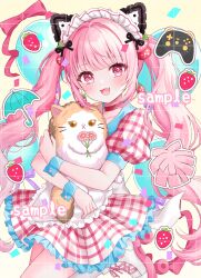 Rule 34 | 1girl, absurdres, cat, choker, commentary request, controller, dress, earrings, fang, food, food-themed hair ornament, frilled dress, frills, fruit, game controller, hair ornament, highres, jewelry, maid headdress, naruse yayoi, pink eyes, pink hair, plaid, plaid dress, ponigiri12, puffy short sleeves, puffy sleeves, ravitrabbit, red choker, short sleeves, smile, solo, strawberry, strawberry hair ornament, twintails, virtual youtuber, white headdress, wrist cuffs