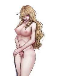 Rule 34 | 1girl, aurelia (dorei to no seikatsu), blonde hair, breasts, dorei to no seikatsu ~teaching feeling~, drill hair, female focus, hair over one eye, large breasts, long hair, looking at viewer, nipples, ray-k, red eyes, solo, transparent background, wavy hair