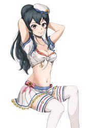 Rule 34 | 1girl, anchor symbol, arms behind head, arms up, bikini, black hair, blue ribbon, blue sailor collar, blush, bow, breasts, cleavage, closed mouth, collarbone, crop top, cropped shirt, dress bow, flower, frilled skirt, frills, gatsby ssl, hat, hat flower, hat ribbon, highres, idolmaster, idolmaster cinderella girls, idolmaster cinderella girls starlight stage, invisible chair, long hair, looking at viewer, medium breasts, miniskirt, navel, ohishi izumi, pink eyes, pleated skirt, ponytail, red bikini, red bow, ribbon, sailor collar, shirt, short sleeves, simple background, sitting, skirt, smile, solo, swimsuit, thighhighs, tied shirt, white background, white hat, white skirt, white thighhighs, yellow flower