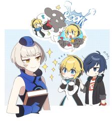 Rule 34 | 1boy, 2girls, aegis (persona), agata120, black jacket, blonde hair, blue dress, blue eyes, blue gloves, blue hair, book, clenched hands, dress, elizabeth (persona), flying sweatdrops, gloves, grey hair, hair over one eye, hat, headphones, highres, holding, holding book, jacket, multiple girls, multiple views, musical note, open clothes, open jacket, open mouth, persona, persona 3, persona 3: dancing moon night, persona dancing, shirt, short hair, sparkle, sweat, yuuki makoto (persona 3)