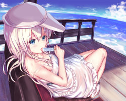 Rule 34 | 10s, 1girl, alternate costume, ankle boots, bare arms, bare shoulders, blue sky, boots, cloud, collarbone, day, dress, eating, flat cap, food, foreshortening, frilled dress, frills, hair between eyes, hat, hibiki (kancolle), holding, holding food, kantai collection, licking, long hair, md5 mismatch, no legwear, no socks, ocean, pier, popsicle, silver hair, sitting, sky, sleeveless, sleeveless dress, spaghetti strap, summer, sundress, tama satou, tongue, tongue out, verniy (kancolle), water, white dress, white footwear, white hat