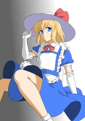 Rule 34 | 1girl, apron, blonde hair, blue dress, blue eyes, dress, elbow gloves, feet out of frame, frilled apron, frills, gloves, gradient background, haramin3, hat, hat ribbon, highres, holding, holding clothes, holding hat, kana anaberal, legs, puffy short sleeves, puffy sleeves, ribbon, short hair, short sleeves, socks, solo, sun hat, touhou, touhou (pc-98), white apron, white gloves, white hat, white socks