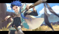 Rule 34 | 1boy, asymmetrical bangs, asymmetrical clothes, belt, blue hair, blue sky, braid, braided ponytail, capelet, child, clothing cutout, cloud, cloudy sky, covered navel, cu chulainn (fate), earrings, fate/grand order, fate/grand order arcade, fate (series), foreshortening, hiiragi (karashriker), hood, hood down, hooded capelet, jewelry, long hair, long sleeves, looking at viewer, male focus, mountain, open mouth, outdoors, ponytail, red eyes, scabbard, setanta (fate), sheath, single braid, skin tight, sky, smile, solo, spiked hair, staff, thigh cutout