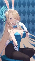 Rule 34 | 1girl, animal ears, asuna (blue archive), asuna (bunny) (blue archive), asymmetrical bangs, azema, bare shoulders, black pantyhose, blonde hair, blue archive, blue eyes, blue halo, blue leotard, blue ribbon, blush, breasts, checkered background, cleavage, clenched teeth, covered navel, dated, elbow gloves, fake animal ears, gloves, hair over one eye, hair ribbon, halo, highres, large breasts, leotard, long hair, looking at viewer, pantyhose, parted bangs, playboy bunny, rabbit ears, rabbit tail, ribbon, sitting, smile, solo, tail, teeth, white gloves