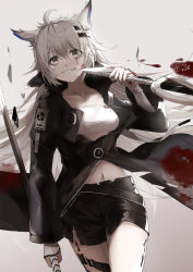 Rule 34 | 1girl, animal ears, ant, antenna hair, arknights, asahi kuroi, bandeau, black jacket, black shorts, blood, blood on clothes, blood on face, blood splatter, blood stain, breasts, bug, fingerless gloves, gloves, grey eyes, grin, hair ornament, hairclip, highres, holding, holding weapon, insect, jacket, katana, lappland (arknights), large breasts, long hair, long sleeves, looking at viewer, material growth, midriff, navel, oripathy lesion (arknights), scar, scar across eye, scar on face, shorts, silver hair, simple background, smile, solo, strapless, sword, tank top, teeth, tentacles, torn clothes, tube top, weapon, white gloves, white tank top, wolf ears